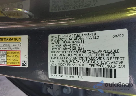 2022 Honda Accord Lx from USA, damaged, VIN 1HGCV1F14NA071600